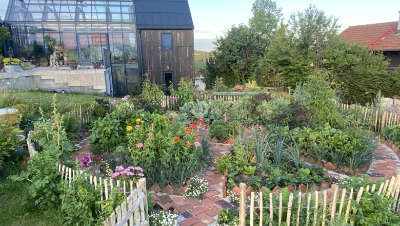 Blick auf die "Fernery" - das Glashaus im Ecolution.Lab, © Bernd Hochwartner Ein Glashaus von außen im Ecolution.Lab mit einem bunten Garten im Vordergrund.