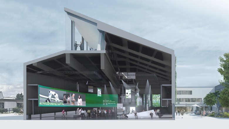 TD-Haus der Digitalisierung, © Tamschick-Mediaspace-GmbH Queerschnitt des Gebäudes mit Blick in den Ausstellungssaal und in den Stock darüber