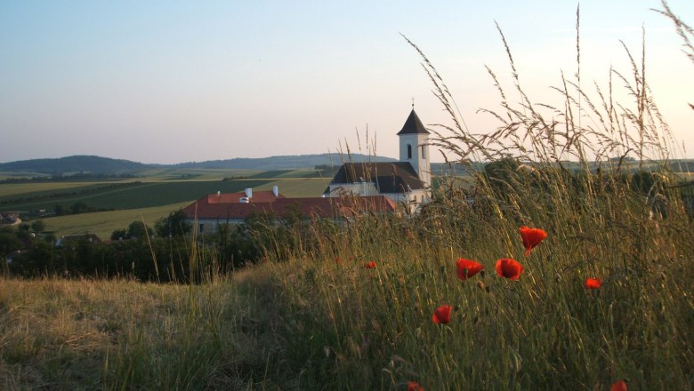 Kirche Gaubitsch, © Gemeinde Gaubitsch Landschaft mit Kirche und Mohnblumen im Vordergrund.