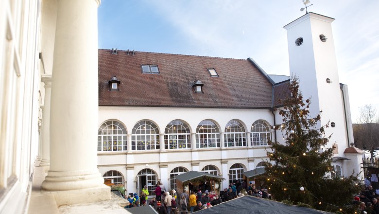 Schloss Katzelsdorf beim Christkindlmarkt, © Wiener Alpen/Stefanie Reisenbauer Außenansicht eines Schlosses mit Weihnachtsmarkt und geschmücktem Baum im Hof.