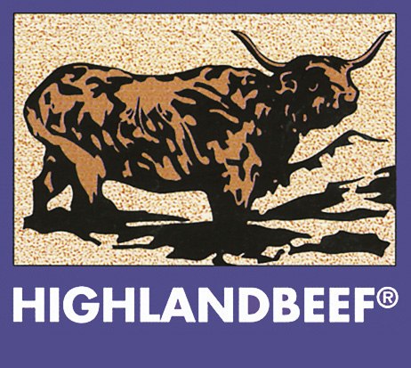 Hochland-Rinderzucht, © zVg Illustration eines Hochlandrinds mit dem Text 'HIGHLANDBEEF'.