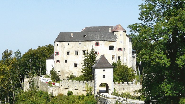 Burg mit Tradition und Stil, © Burg Plankenstein Historische Burg mit weißer Fassade und Zinnen, umgeben von Bäumen.