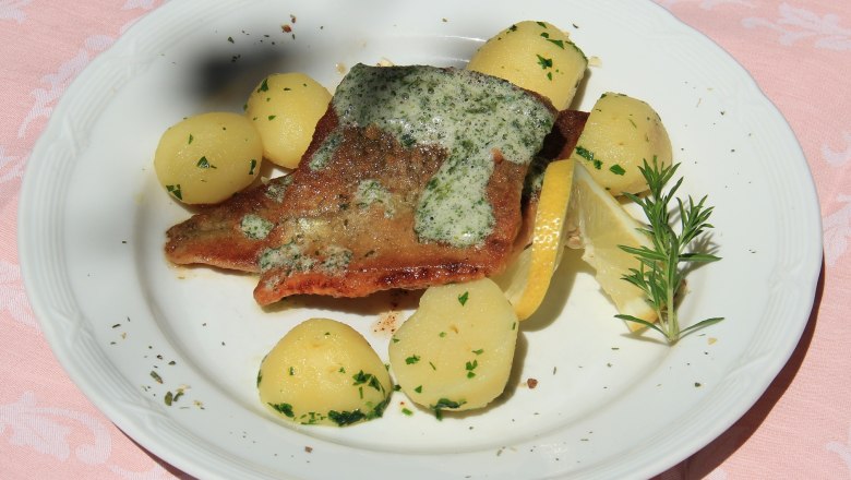 Forellenfilet, © Schendl Ein Teller mit gebratenem Forellenfilet, Kartoffeln, Zitronenscheiben und Kräutern auf einer rosa Tischdecke.