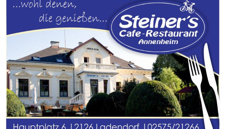 Steiner's - Annenheim Restaurant, © Fam. Steiner-Pohl Werbung für Steiner's Cafe-Restaurant Annenheim mit Bild des Gebäudes und Adresse.