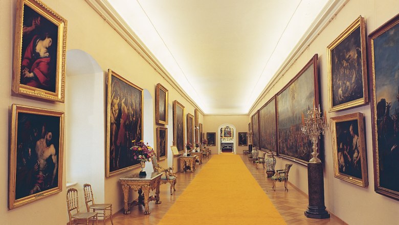 Gemäldegalerie Schloss Rohrau, © Schloss Rohrau Langer, eleganter Galerieraum mit Gemälden an den Wänden und einem gelben Teppich in der Mitte.