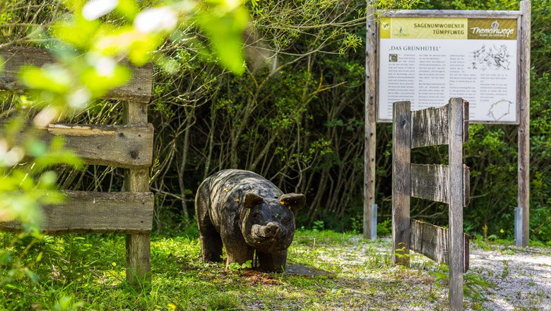 Der Themenweg Tümpflweg, © Wiener Alpen, Christian Kremsl Holzskulptur eines Wildschweins auf einem Naturpfad mit Infotafel im Hintergrund.