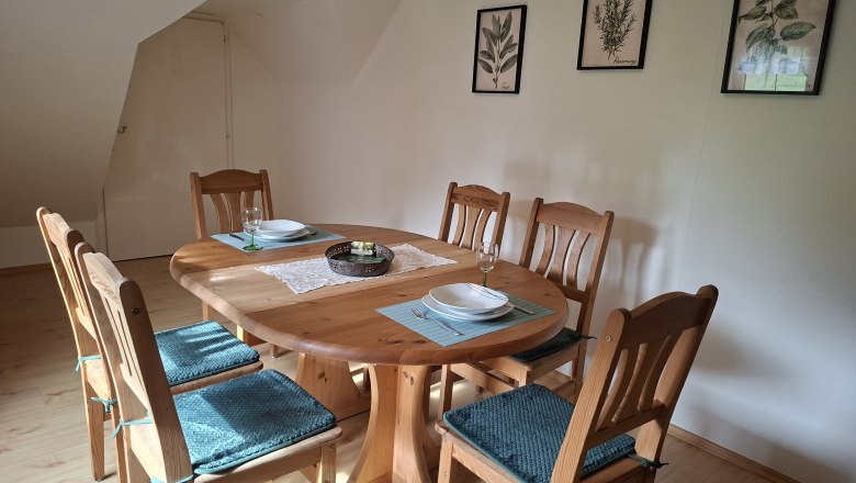 Essbereich, © Manuela Heher Essbereich mit Holztisch und sechs Stühlen, dekoriert mit blauen Sitzkissen. An der Wand hängen drei botanische Bilder.