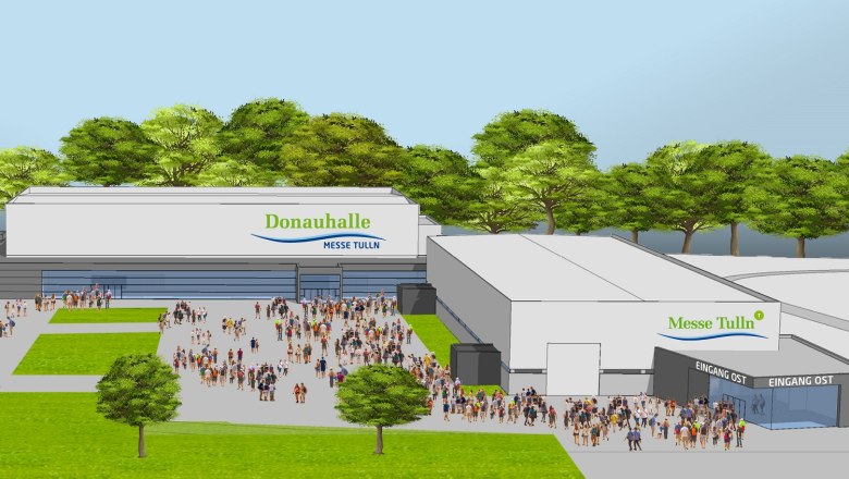 Messe Tulln, neue Donauhalle, © Messe Tulln Illustration der neuen Donauhalle der Messe Tulln mit vielen Menschen davor.