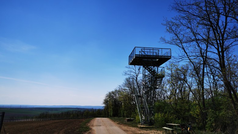 Heidbergwarte in Alberndorf, © Weinstraße Weinviertel Aussichtsturm Heidbergwarte in Alberndorf neben einem Weg mit Bäumen und einem Fahrrad.