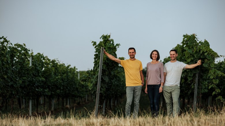 Geschwister Ewald, Maria und Christian, © Michael Reidinger Drei Personen stehen in einem Weinberg zwischen Reben.