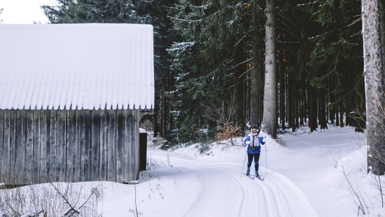Langlaufen in Gutenbrunn, © Niederösterreich Werbung/Kathrin Schlager Person beim Skilanglauf im verschneiten Wald neben einer Holzhütte.