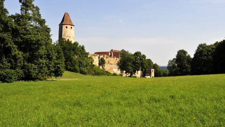 Burg Seebenstein, © POV Burg Seebenstein mit Turm und grüner Wiese im Vordergrund.