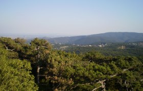 Josefswarte Aussicht, © Kulturabteilung Perchtoldsdorf Blick von der Josefswarte auf bewaldete Hügel und ein Dorf in der Ferne.