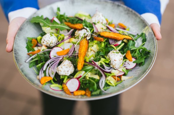 Interpretiert klassische Heurigengerichte neu, © Niederösterreich Werbung/Mara Hohla 2 Hände halten Teller mit Ziegenkäsesalat mit Wölblinger Wintersalaten