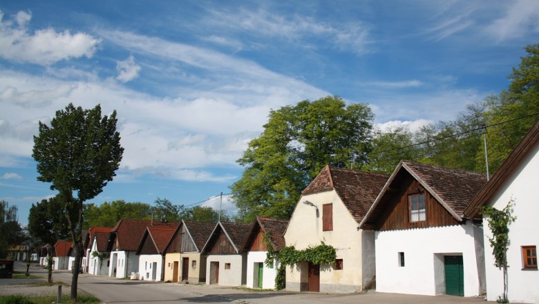 Kellergasse, © Andreas Sedlmayer Reihe von traditionellen Weinkellern in einer Kellergasse mit blauem Himmel.