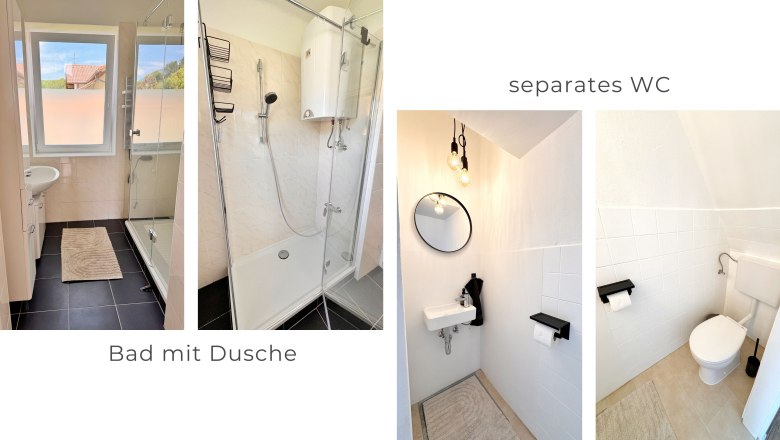 Sanitär, © Christoph Menhofer Collage von Badezimmer und separatem WC mit Dusche, Waschbecken und Toilette.