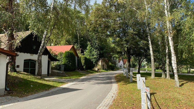 Kellerzeile Klein-Neusiedl, © Gemeinde Klein-Neusiedl Eine malerische Straße (Kellerzeile) mit kleinen Häusern und Bäumen in einer ländlichen Umgebung.