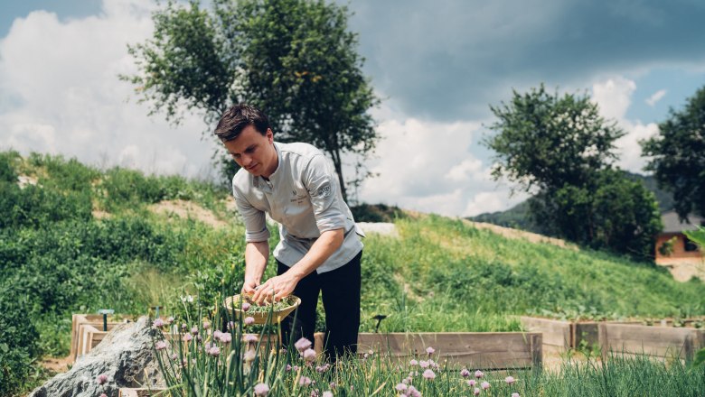 Peter Pichler im Gart'l, © Molzbachhof Ein Mann in einem Garten pflückt Kräuter in einem Korb, umgeben von grüner Vegetation und Bäumen unter einem bewölkten Himmel.