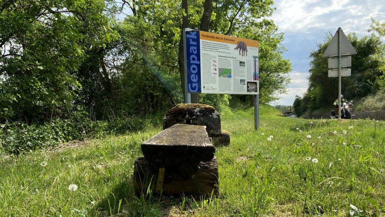 Mastodonfundstelle in Hohenwarth, © Weinstraße Weinviertel Schild der Mastodonfundstelle in Hohenwarth auf einer Wiese, umgeben von Bäumen und einem Weg.