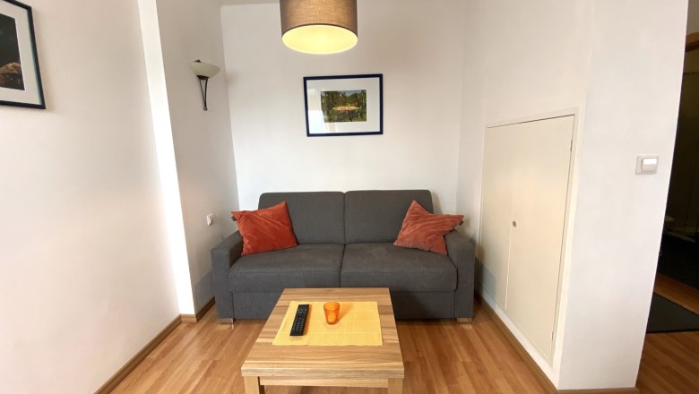 Ferienwohnung Marille, © Trachsler Wohnzimmer mit grauem Sofa, Holztisch und Wandbildern.