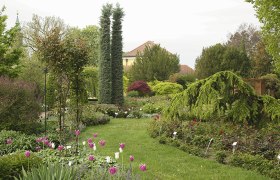 Gärtnerei Starkl, © Gärtnerei Starkl Ein gepflegter Garten mit bunten Blumen, hohen Bäumen und einem Gebäude im Hintergrund.