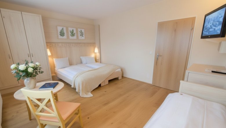 Dreibettzimmer, © Austria-Best-Hotels Helles Hotelzimmer mit zwei Betten, einem Tisch mit Stuhl und einem Fernseher an der Wand.