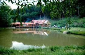 Erlebniswelt Gallien, © Erlebniswelt Gallien Ein Gebäude mit rotem Dach spiegelt sich in einem Teich, umgeben von Bäumen und Wiese.