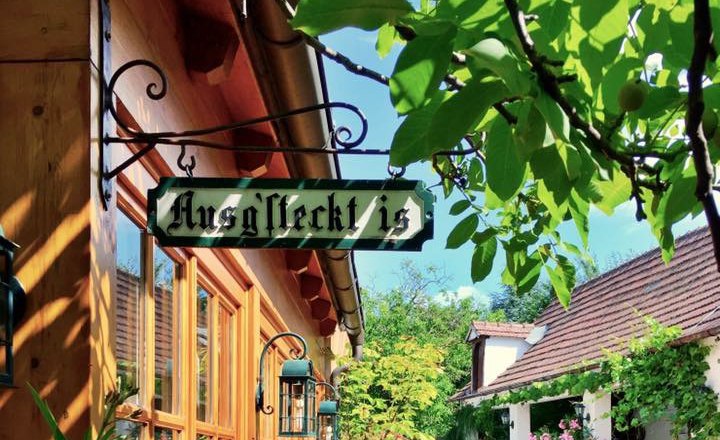 Bio Weingut & Heuriger Hofschneider Mannersdorf, © Bio Weingut Hofschneider Ein gemütlicher Außenbereich eines Heurigen mit Holztischen und blühenden Pflanzen, beschattet von Bäumen.