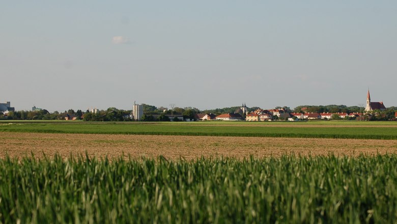 Lichtenwörth von Süden, © Wolfgang Glock Panorama von Lichtenwörth mit Feldern im Vordergrund und Gebäuden im Hintergrund.