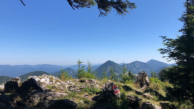 Dürre Leiten, © Angelika Burger Berglandschaft mit Felsen und Bäumen im Vordergrund, blauer Himmel im Hintergrund.