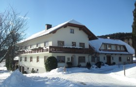 unser Hof im Winter, © Familie Rosinger Ein großes Bauernhaus im Winter mit Schnee bedeckt, unter blauem Himmel.