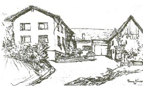 Blumentalhof, © Blumentalhof Skizze eines Bauernhofs mit mehreren Gebäuden und einem Innenhof.