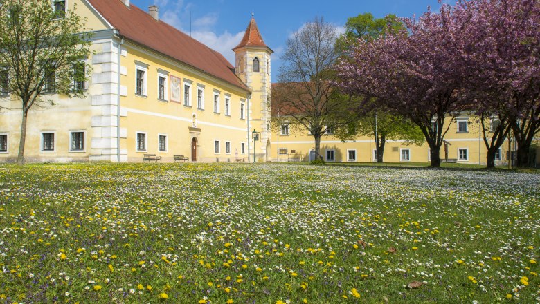 Schloss Atzenbrugg, © Richard Marschik Schloss Atzenbrugg mit blühenden Bäumen und Wiese im Vordergrund.