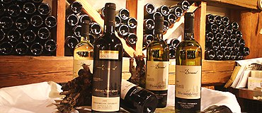 Weinflaschen, © Weingut Drimmel Urbanuskeller Weinflaschen auf einem Tisch in einem Weinkeller.