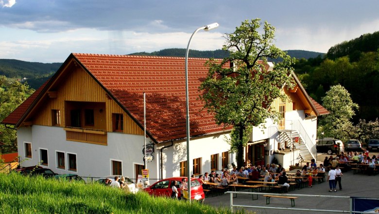 Abendstimmug, © Höllmüller Ein großes Gebäude mit rotem Dach, umgeben von Bäumen und Menschen, die an Tischen im Freien sitzen. Der Himmel ist bewölkt.