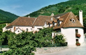 Weingut, © Fam. Nothnagl Ein malerisches Weingut mit roten Ziegeldächern und grünen Weinreben, umgeben von Hügeln.