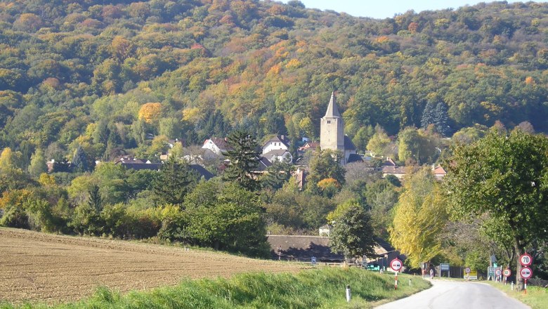 Wehrkirche Michelstetten, © Wehrkirche Michelstetten Landschaft mit Wehrkirche Michelstetten im Hintergrund.