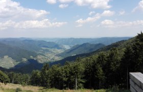 Aussicht im Naturpark Jauerling, © Naturpark Jauerling Birgit H. Panoramablick über bewaldete Hügel und ein Tal im Naturpark Jauerling, mit blauem Himmel und Wolken.