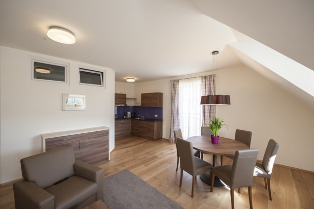 Appartment am Weingut Lehensteiner, © Weingut Lehensteiner Modernes Wohnzimmer mit Holzboden, Esstisch und Küchenzeile.