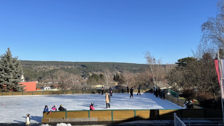 Eislaufplatz Piesting, © Wiener Alpen/Katharina Lechner Eislaufplatz mit Menschen und Pinguinfigur, umgeben von Bäumen und Hügeln unter blauem Himmel.