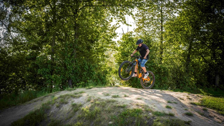 Bikearena Persenbeug-Gottsdorf Bikeakrobaten, © Robert Herbst Ein Mountainbiker springt mit seinem Fahrrad über einen Hügel in einem bewaldeten Gebiet.