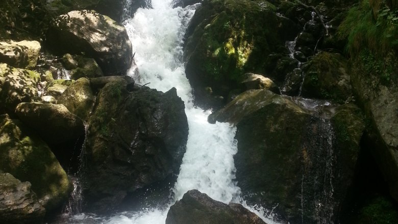 Trefflingfall, © Daxböck Ein Wasserfall fließt über Felsen in einem bewaldeten Gebiet.
