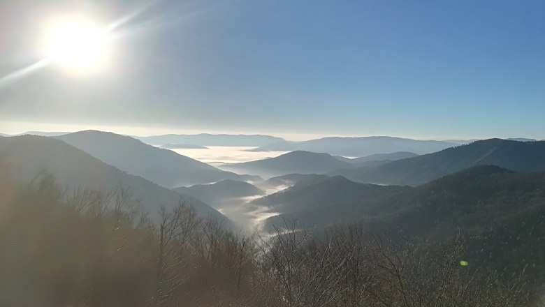 Von der Enzianhütte am Kieneck, © Stefanie Rysavi Blick von einem Berg auf nebelverhangene Täler und Hügel unter strahlend blauem Himmel mit Sonnenschein.