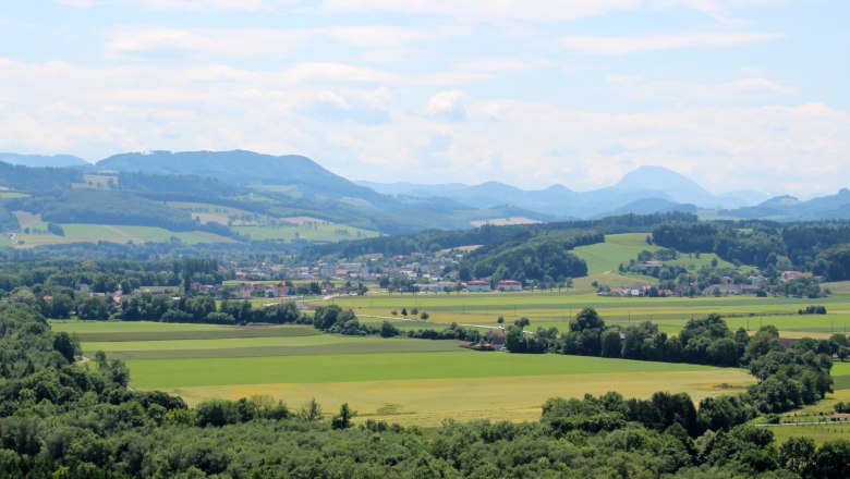 Weinburg, © Gemeinde Weinburg Panorama einer grünen Landschaft mit Hügeln, Feldern und einem Fluss.