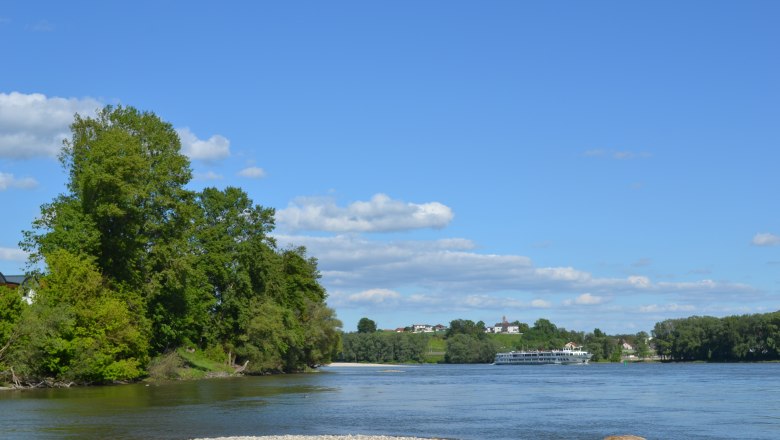 Donau in Hagsdorf, © Privatzimmer Leeb Flusslandschaft mit Bäumen und einem Schiff auf der Donau.