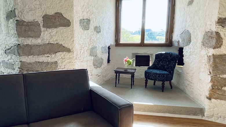 Wohnzimmer im Turm Leiben, Apartment Warte, © Familie Kleemann Wohnzimmer im Turm Leiben, Apartment Warte, © Familie Kleemann