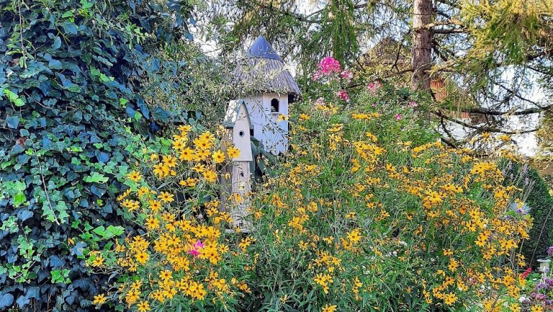 Staudenpracht im Sommer, © Ingrid Kralovec Ein üppiger Sommergarten mit gelben und pinken Blumen, einem Vogelhaus und viel Grün.