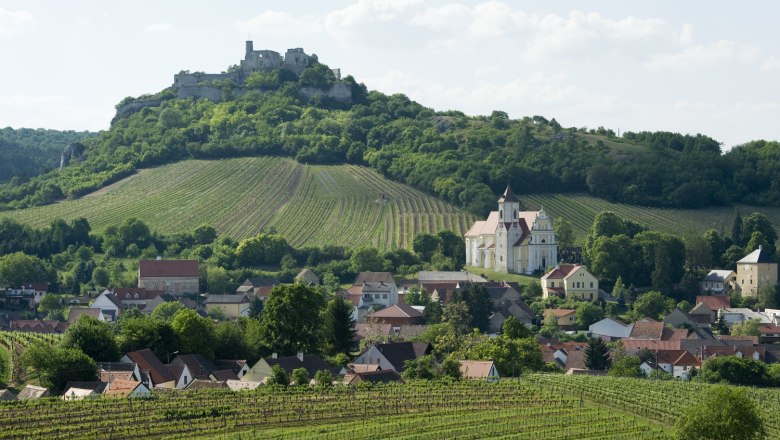 Falkenstein, © Michael Himml Blick auf die Burgruine Falkenstein auf einem Hügel, umgeben von Weinbergen und einem Dorf mit einer Kirche.