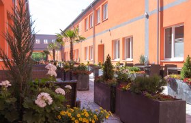 winrooms_gastgarten, © Winrroms Betriebs GmbH Ein sonniger Gastgarten mit orangen Gebäuden, Palmen und bunten Blumen in großen Pflanzkübeln.