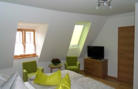 Ferienwohnung, © Gästhaus Kranister Helles Zimmer mit Dachfenstern, Bett, grünen Sesseln und TV.